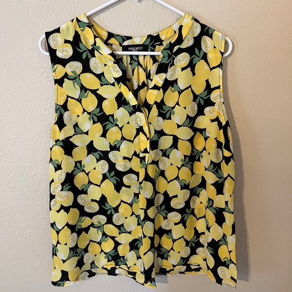 Nine West Lemon Print Blouse - Black and Yellow Size L - Picture 1 of 4
